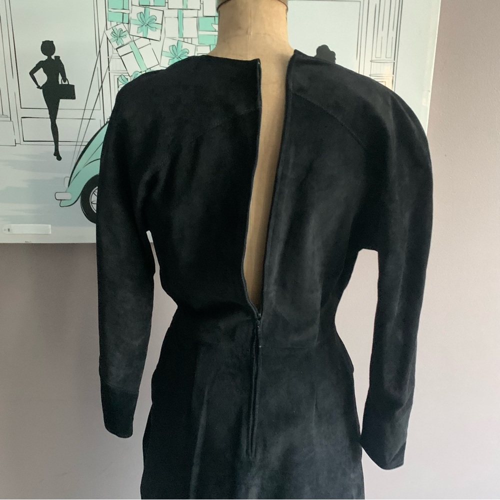 Vintage Black Suede Firenze Santa Barbara Bodycon V Neck Dress, Small - Picture 6 of 11